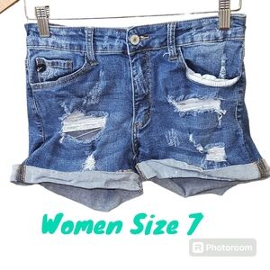 KANCAN Distressed Rolled Cuff Short Jean Shorts Med Wash Summer Women Size 7/27